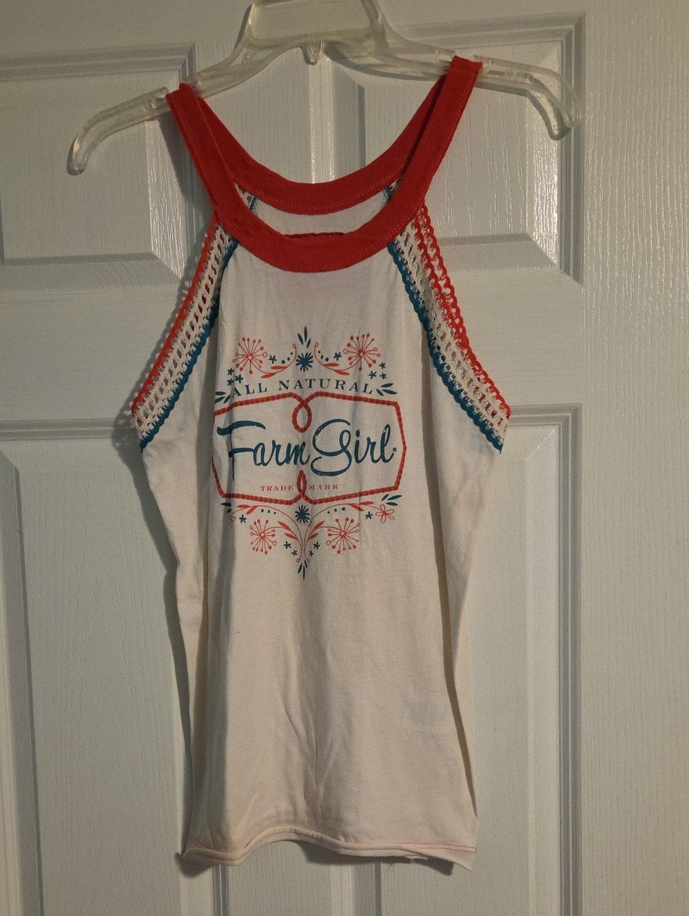 Farm Girl Graphic Tank Top in Cream with Coral Trim